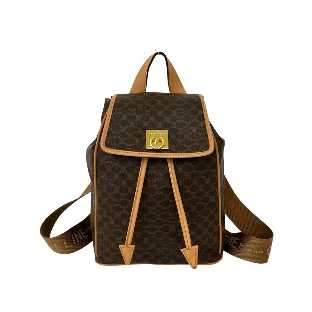 CELINE Vintage Macadam Pattern Logo Ring Hardware Leather Backpack Brown 00050